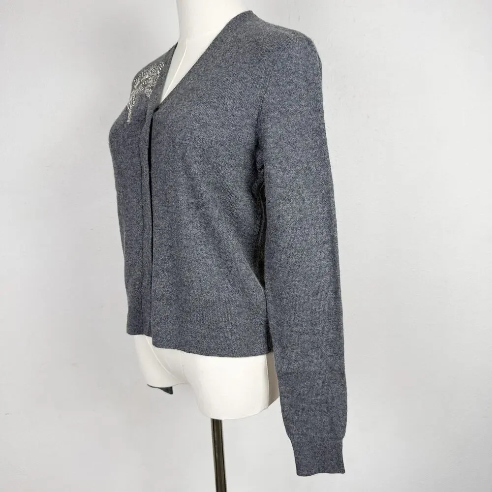Tory Burch Merino Wool Cardigan Beaded Palm Tree Gray Sweater - XS